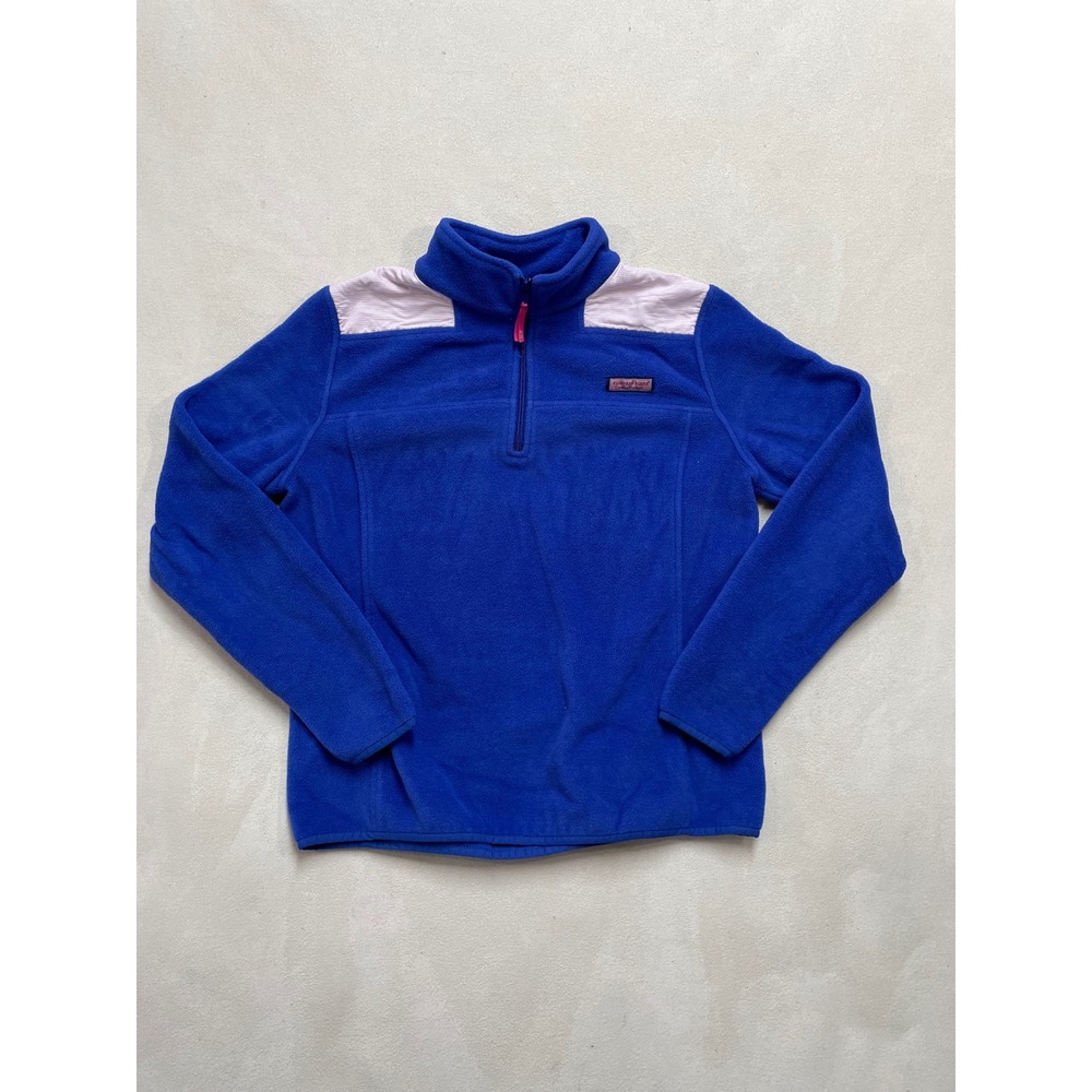 Vineyard Vines Womens Blue Fleece Quarter Zip Pullover Seersucker Trim Medium